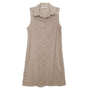 London Times sleeveless, tan, crochet-style, dress, size 8